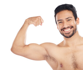 Portrait of bodybuilder, strong muscle and flex bicep, arm or growth from gym on isolated, transparent or png background. Man flexing, body check or progress of muscles from in exercise or workout