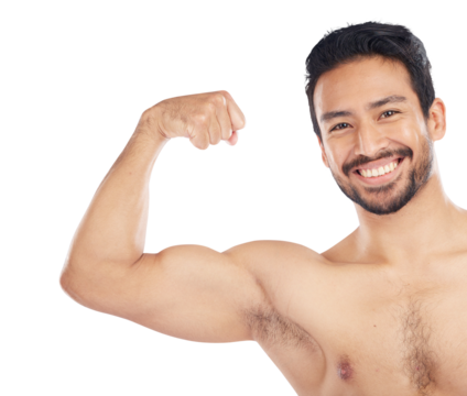 Portrait of bodybuilder, strong muscle and flex bicep, arm or growth from gym on isolated, transparent or png background. Man flexing, body check or progress of muscles from in exercise or workout