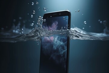 Phone in blue water. Wet phone mobile wave smart. Generate Ai - obrazy, fototapety, plakaty