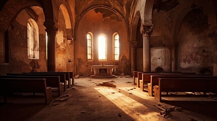 Obraz premium Ancient chapel interior with dim light and some ruins,