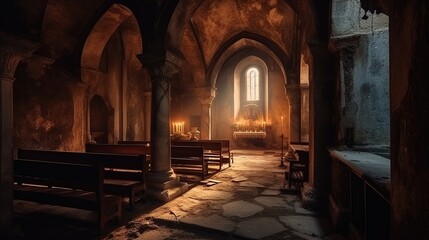 Fototapeta premium Ancient chapel interior with dim light and some ruins,