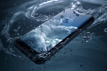 Phone in blue water drops. Splash liquid accident fall device. Generate Ai