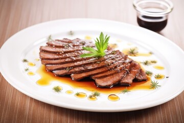 marinated duck with star anise on a white plate