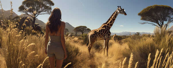 Girl next to giraffe on holiday days. Animal selfie