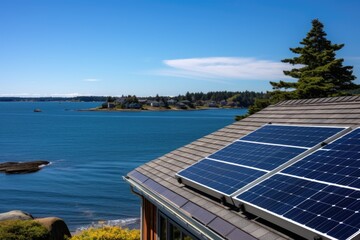 close-up of solar panels on a shingle style house roof, ocean in the distance