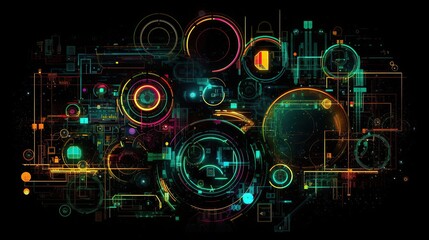  a series of complex, interlocking geometric shapes of circles, lines, and grids,