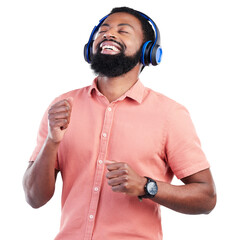 Music headphones, happy dance and man, streaming service or comedy podcast with energy in creative...