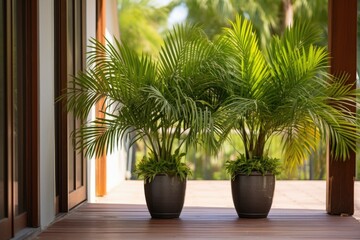 Fototapeta premium twin plant pots at the entrance of a wide veranda