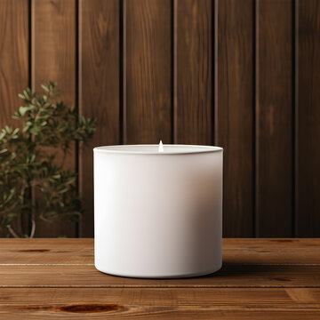 Elegant Candle Mockup on Wooden Background. Perfect for Marketing and Branding. Create a Cozy Atmosphere with this Minimalist Home Decor Concept, Ai generative
