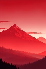 Misty mountains at sunset in red tone, vertical composition