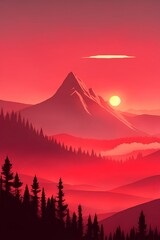 Misty mountains at sunset in red tone, vertical composition