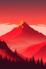 Misty mountains at sunset in red tone, vertical composition