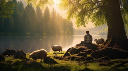 the shepherd with sheep in the deep forest on the grass beside a lake with beautiful sunlight - obrazy, fototapety, plakaty