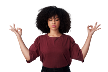 Woman, calm and yoga hands for peace with breathing in png or transparent and isolated background. Zen, meditate and female person with yogi exercise for wellness to relax for stress free or healing.