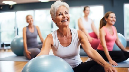 Active senior women doing pilates with soft ball in gym. - obrazy, fototapety, plakaty