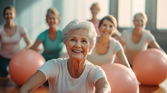 Active senior women doing pilates with soft ball in gym.