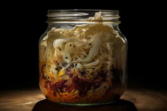 Salted sauerkraut jar on table. Canned marinated food salad fermented. Generate Ai