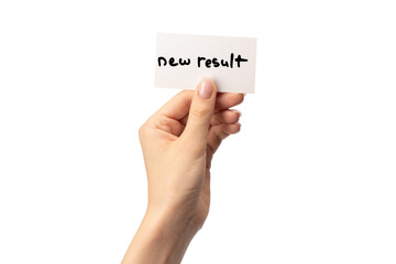New mindset - new result  text on a card in a woman hand.