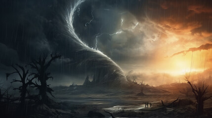 Tornado. Digital art. Massive tornado, cyclone on land with huge clouds. Thunderstorm. generative ai - obrazy, fototapety, plakaty