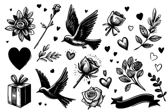 Naklejki Saint Valentine Day heart pattern for greeting card design. 14 February love day sketch art hand drawn drawing
