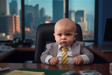 Serious baby boss office in city. Small cute portrait of infant. Generate Ai