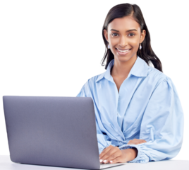 Laptop, working and portrait of Indian woman with smile online for research, internet and website. Technology, networking and female worker on computer typing isolated on transparent, png background
