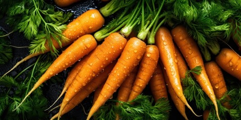 Closeup of ripe Carrots with waterdrops, top view,Veggies collection set consept. - obrazy, fototapety, plakaty