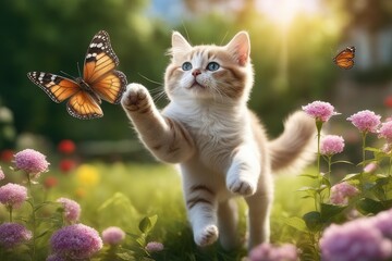 Two cats playing with butterflies in the meadow. Nature background