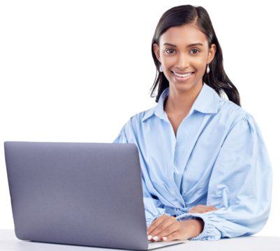 Laptop, working and portrait of Indian woman with smile online for research, internet and website. Technology, networking and female worker on computer typing isolated on transparent, png background