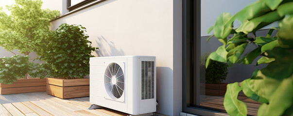 Air conditioner heat pump installed on side of building. - obrazy, fototapety, plakaty