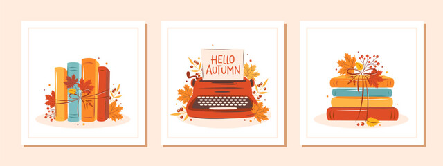 Books with autumn bright leaves. Set of layout design for bookshop, library, bookstore, festival or education. Vector illustration