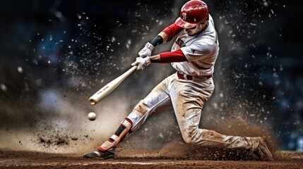 Baseball player hitting ball hard. - obrazy, fototapety, plakaty
