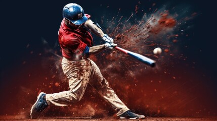 Baseball player hitting ball hard. - obrazy, fototapety, plakaty