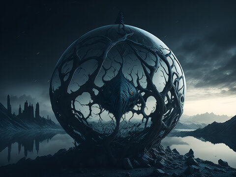 Magic ball, prediction, fantasy, future, gloomy destroyed world, darkness, dark planet. AI