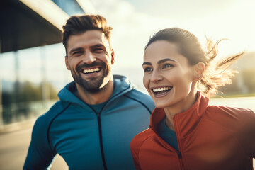 Naklejka premium Couple doing sport together outdoor, running together. Morning run. Healthy lifestyle. Sport concept