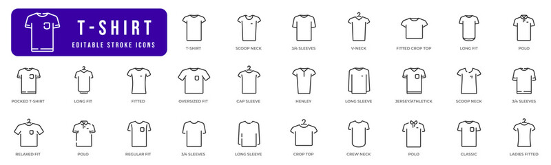 T-shirt line icons set. Collection of tshirt. Sim, fitted, long, relaxed, v-neck etc. Editable stroke