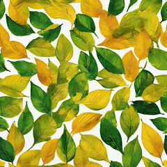 pattern of yellow and green tree leaves. autumn. oil on canvas and water colors