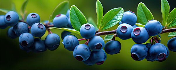 Fresh huckleberries on green twig. (Vaccinium corymbosum). Blueberries
