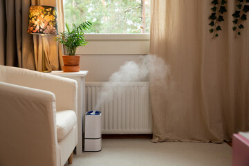 Modern air humidifier in action in living room. Contemporary smart humidifier in bedroom emitting...