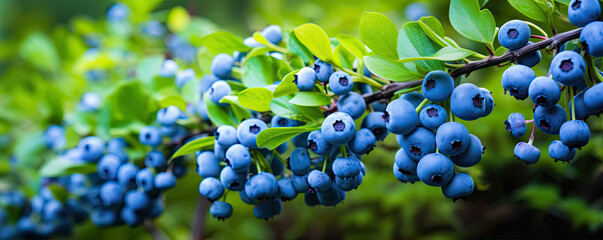 Fresh huckleberries on green twig. (Vaccinium corymbosum). Blueberries - obrazy, fototapety, plakaty