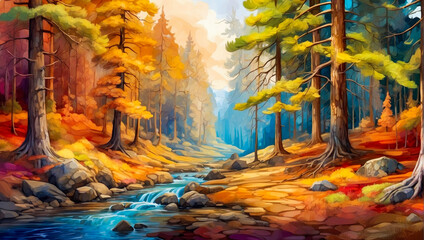illustration of  forest with colorful trees and river