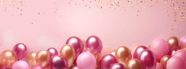 Celebration with pink confetti and golden balloons background.