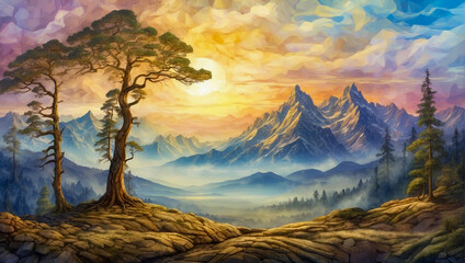 illustration of mountain landscape during sunset