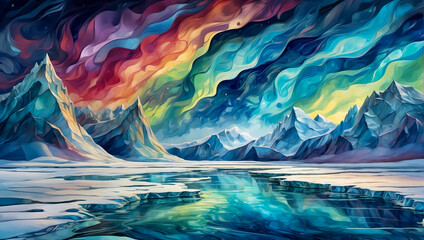 illustration of mountain landscape with beautiful and colorful auroras - obrazy, fototapety, plakaty