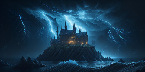 A fantastic castle in the middle of the ocean. Gloomy background, storm, thunderstorm. AI