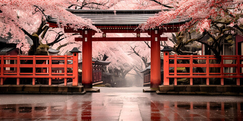 Beautiful  temple cherry blossom trees Temple Tranquility Amidst Cherry Blossoms