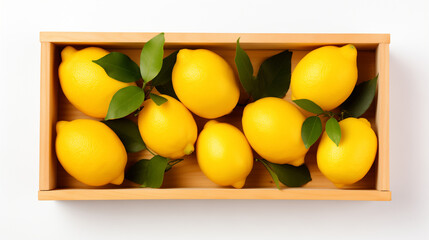 lemon in the wood box on white background, close up collection of fresh ingredients healthy food, fruit, vegetables for healthy delicious food theme