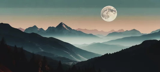 Deurstickers illustrazione di paesaggio con colline boschive e monti all'orizzonte sovrastati da una grande luna piena che sorge © divgradcurl