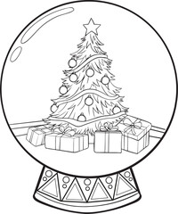 Christmas tree. Christmas Snow Globe. Coloring Page for adults and kids. Happy New year and Christmas. 
