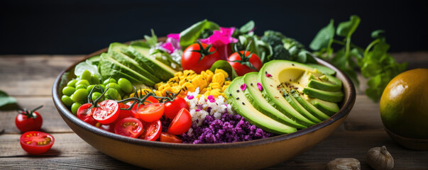 Fresh color vegetables in budha bowl. Vegetable on plate.